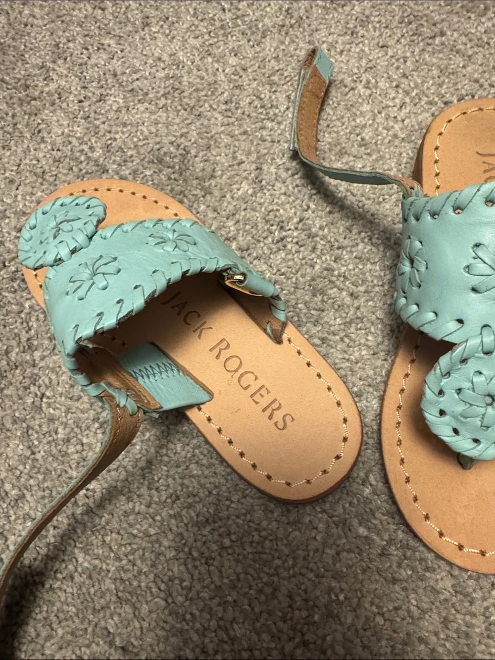 Jack Rogers Girls' Turquoise Leather Thong Sandals with Whipstitch
